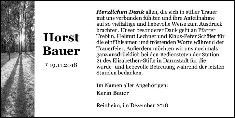  Traueranzeige für Horst Bauer vom 15.12.2018 aus vrm-trauer