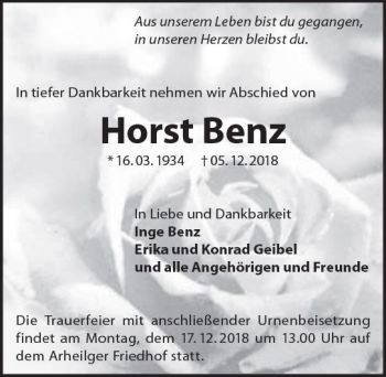 Traueranzeige von Horst Benz von vrm-trauer