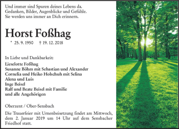 Traueranzeige von Horst Foßhag von vrm-trauer