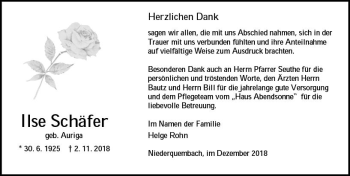 Traueranzeige von Ilse Schäfer von  WNZ - Wetzlarer Neue Zeitung ()