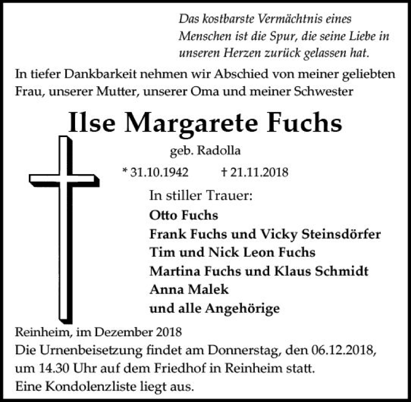 Traueranzeige für Ilse Margarete Fuchs vom 01.12.2018 aus vrm-trauer