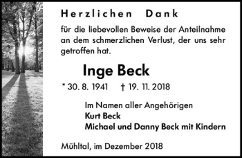 Traueranzeige von Inge Beck von vrm-trauer