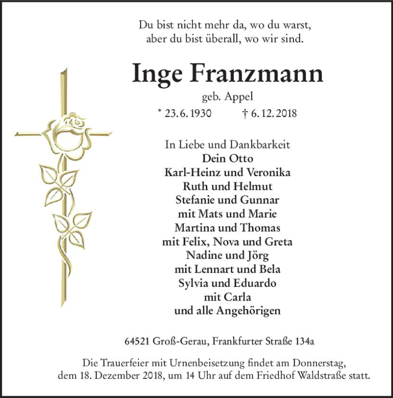  Traueranzeige für Inge Franzmann vom 12.12.2018 aus vrm-trauer