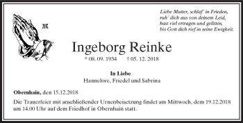 Traueranzeige von Ingeborg Reinke von  Usinger Anzeiger