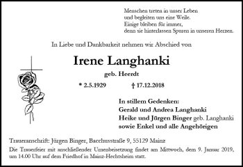 Traueranzeige von Irene Langhanki von vrm-trauer