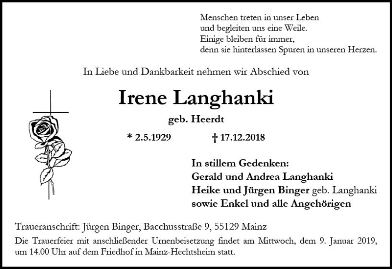  Traueranzeige für Irene Langhanki vom 29.12.2018 aus vrm-trauer