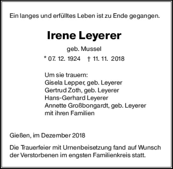 Traueranzeige von Irene Leyerer von  Gießener Anzeiger