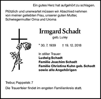 Traueranzeige von Irmgard Schadt von vrm-trauer