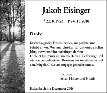 Traueranzeige von Jakob Eisinger von vrm-trauer