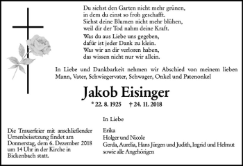 Traueranzeige von Jakob Eisinger von vrm-trauer