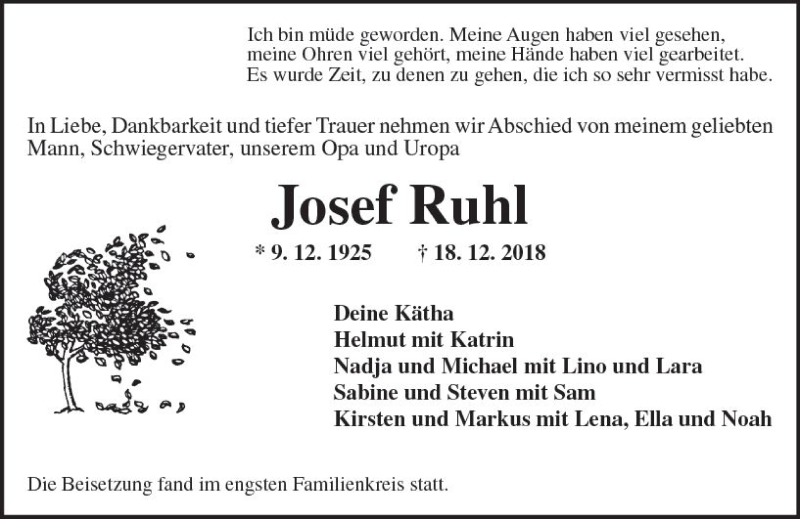  Traueranzeige für Josef Ruhl vom 22.12.2018 aus vrm-trauer