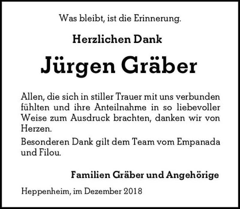  Traueranzeige für Jürgen Gräber vom 15.12.2018 aus vrm-trauer