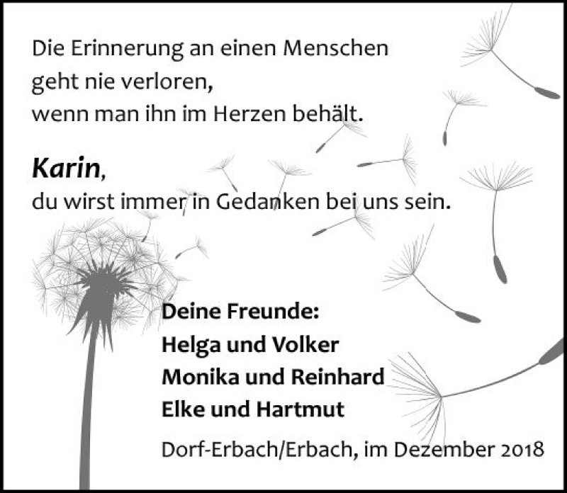  Traueranzeige für Karin  vom 15.12.2018 aus vrm-trauer