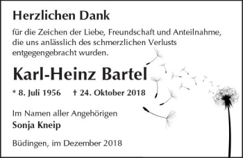 Traueranzeige von Karl-Heinz Bartel von  Kreisanzeiger