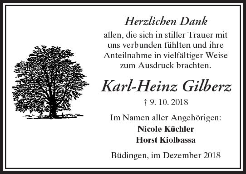  Traueranzeige für Karl-Heinz Gilberz vom 01.12.2018 aus  Kreisanzeiger