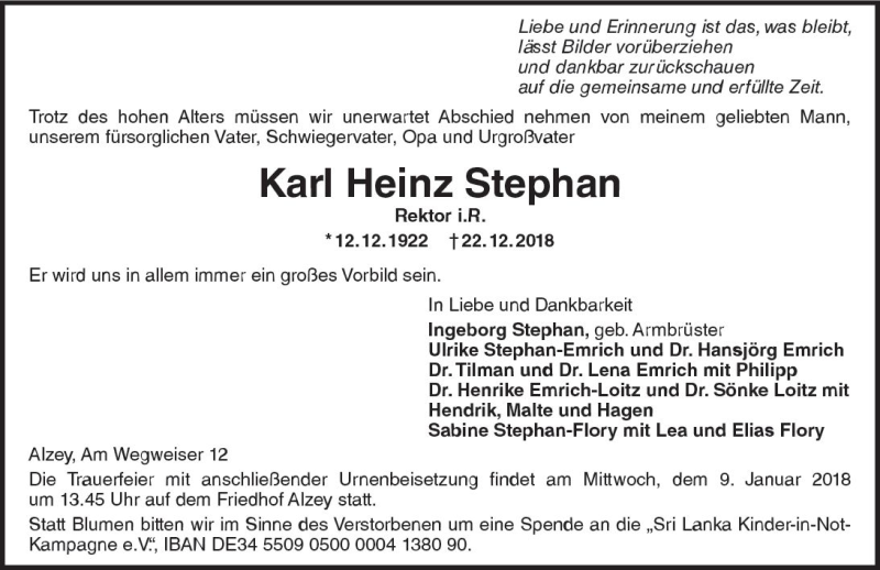  Traueranzeige für Karl Heinz Stephan vom 31.12.2018 aus vrm-trauer