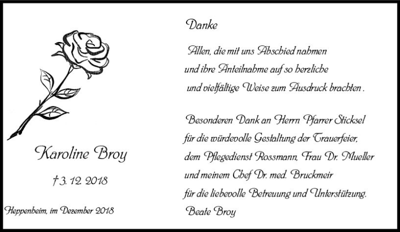  Traueranzeige für Karoline Broy vom 22.12.2018 aus vrm-trauer