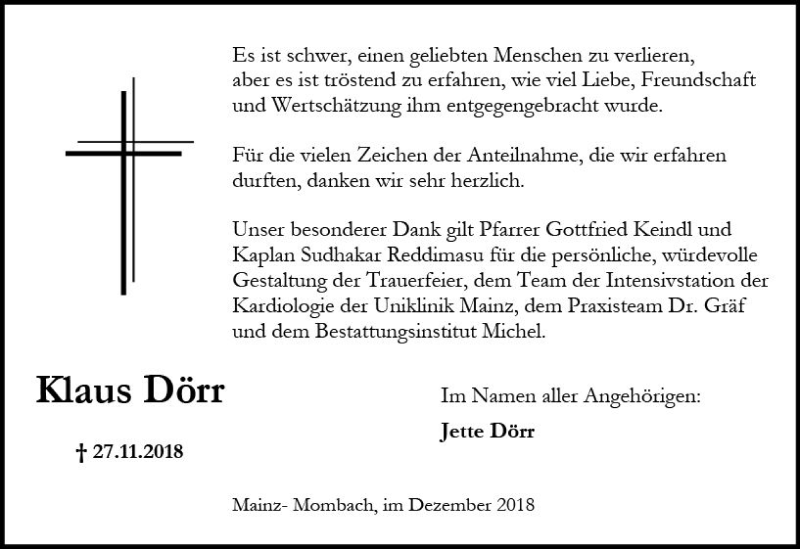  Traueranzeige für Klaus Dörr vom 15.12.2018 aus vrm-trauer