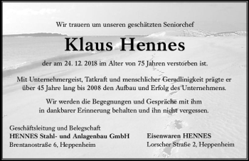 Traueranzeige von Klaus Hennes von vrm-trauer