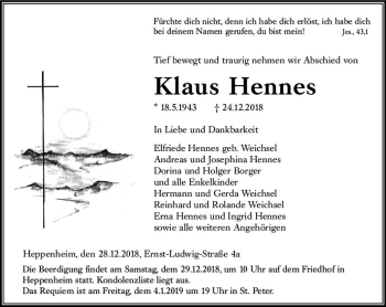 Traueranzeige von Klaus Hennes von vrm-trauer