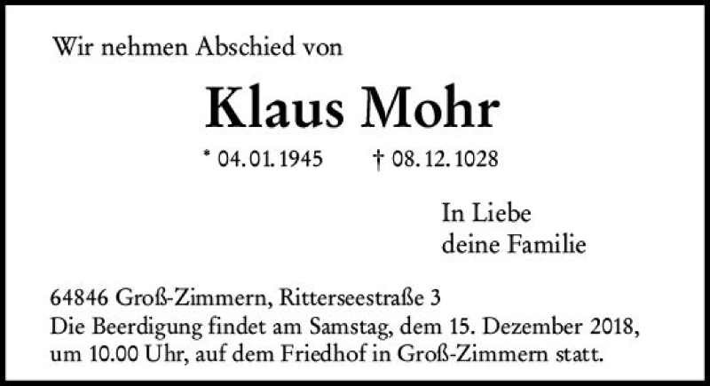  Traueranzeige für Klaus Mohr vom 12.12.2018 aus vrm-trauer