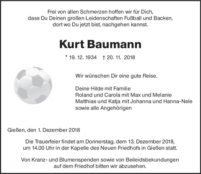  Traueranzeige für Kurt Baumann vom 01.12.2018 aus  Gießener Anzeiger