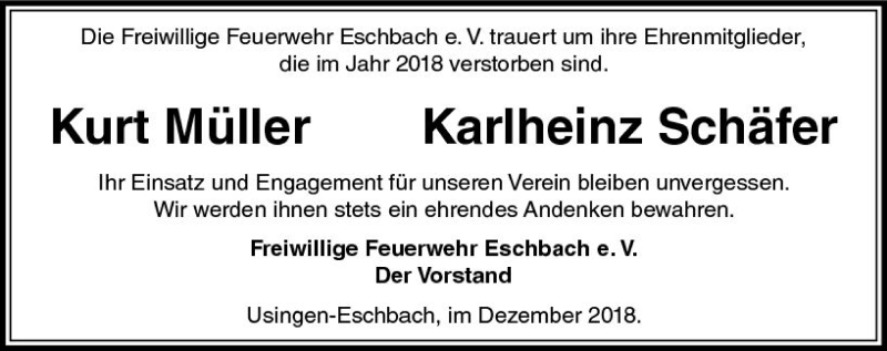  Traueranzeige für Kurt Müller vom 15.12.2018 aus  Usinger Anzeiger