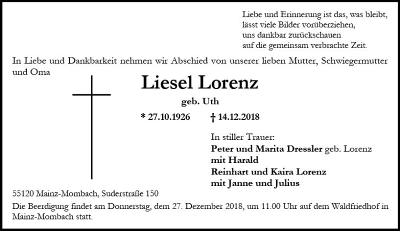  Traueranzeige für Liesel Lorenz vom 22.12.2018 aus vrm-trauer