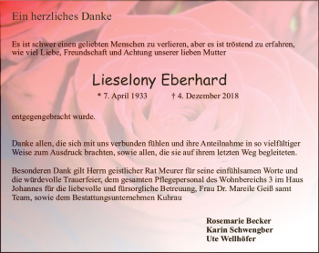 Traueranzeige von Lieselony Eberhard von vrm-trauer