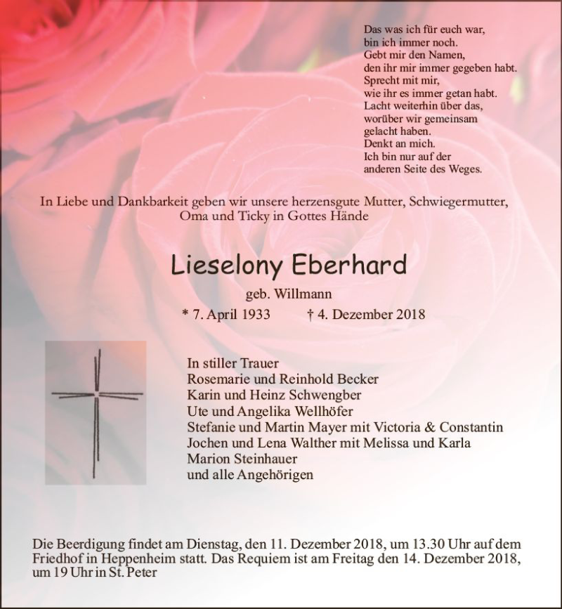 Traueranzeige für Lieselony Eberhard vom 08.12.2018 aus vrm-trauer