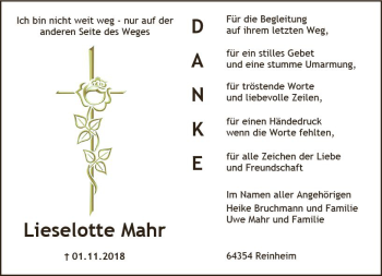 Traueranzeige von Lieselotte Mahr von vrm-trauer