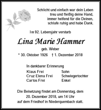 Traueranzeige von Lina Marie Hämmer von  WNZ - Wetzlarer Neue Zeitung ()