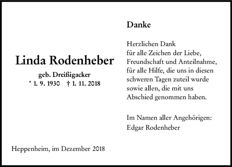  Traueranzeige für Linda Rodenheber vom 01.12.2018 aus vrm-trauer