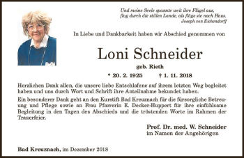 Traueranzeige von Loni Schneider von vrm-trauer