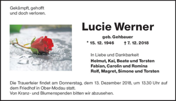 Traueranzeige von Lucie Werner von vrm-trauer