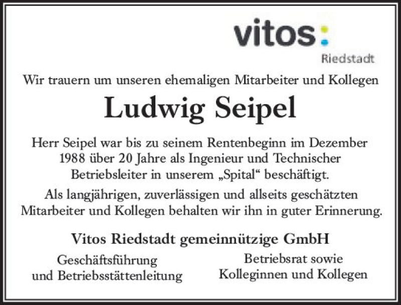  Traueranzeige für Ludwig Seipel vom 15.12.2018 aus vrm-trauer