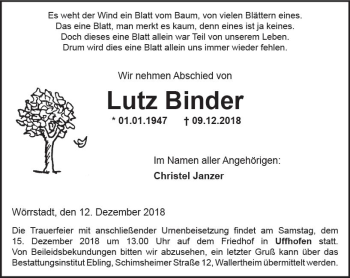 Traueranzeige von Lutz Binder von vrm-trauer
