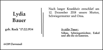 Traueranzeige von Lydia Bauer von vrm-trauer