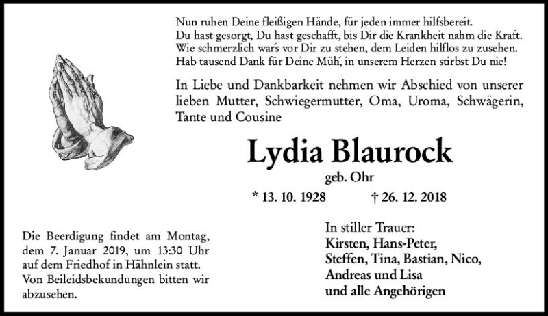  Traueranzeige für Lydia Blaurock vom 29.12.2018 aus vrm-trauer