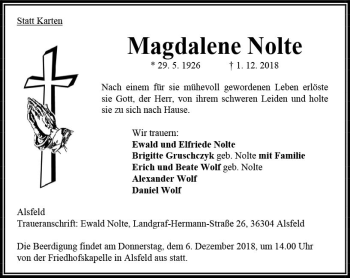 Traueranzeige von Magdalene Nolte von VRM Trauer