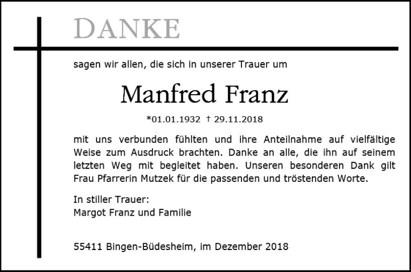  Traueranzeige für Manfred Franz vom 29.12.2018 aus vrm-trauer