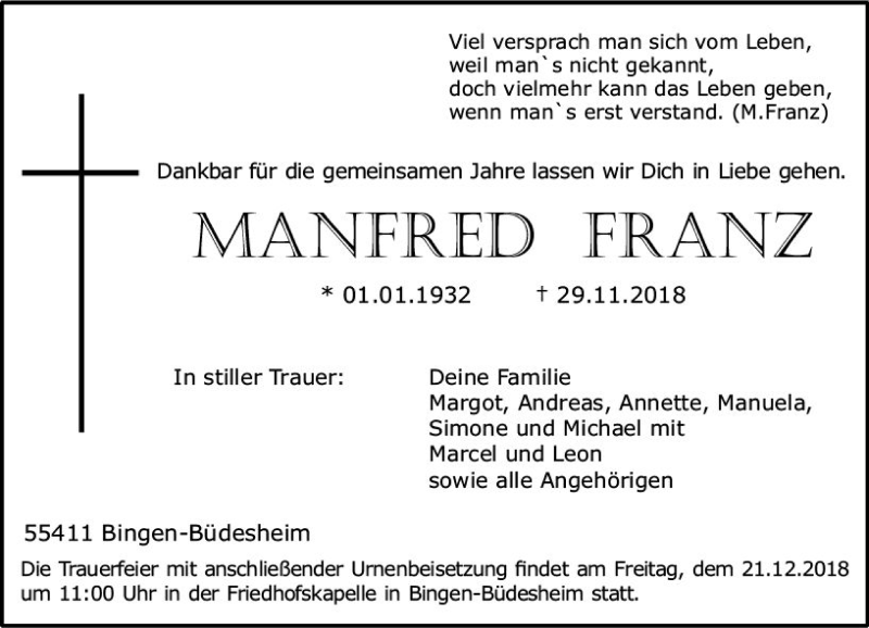  Traueranzeige für Manfred Franz vom 15.12.2018 aus vrm-trauer