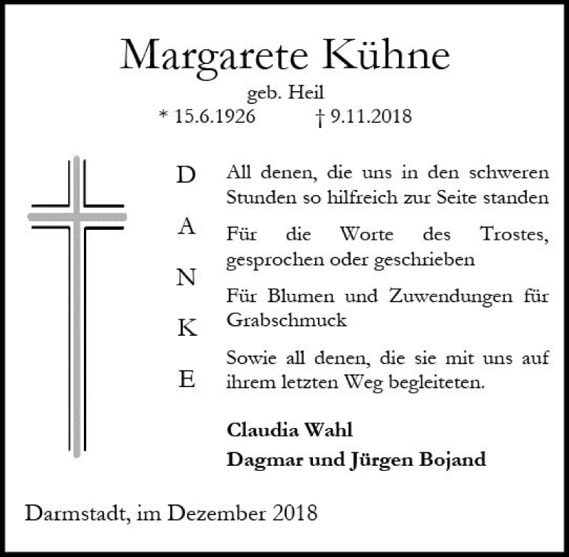  Traueranzeige für Margarete Kühne vom 08.12.2018 aus vrm-trauer