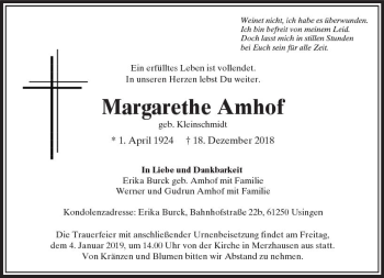 Traueranzeige von Margarethe Amhof von  Usinger Anzeiger