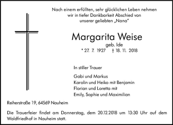 Traueranzeige von Margarita Weise von vrm-trauer