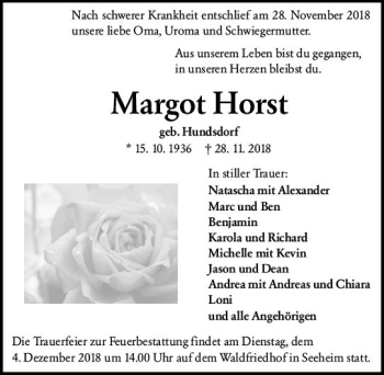 Traueranzeige von Margot Horst von vrm-trauer