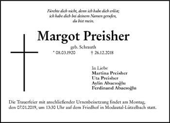 Traueranzeige von Margot Preisher von vrm-trauer