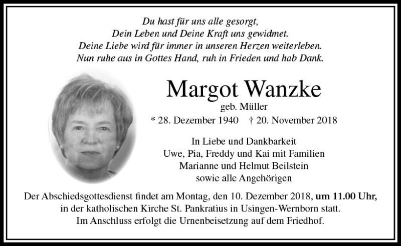  Traueranzeige für Margot Wanzke vom 01.12.2018 aus  Usinger Anzeiger
