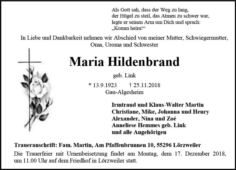  Traueranzeige für Maria Hildenbrand vom 08.12.2018 aus vrm-trauer