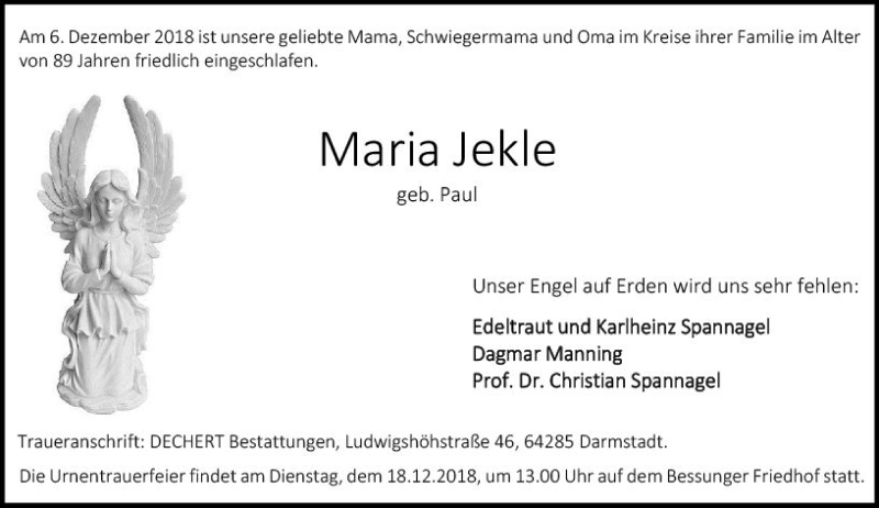  Traueranzeige für Maria Jekle vom 15.12.2018 aus vrm-trauer